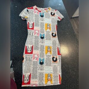 Black and Red Knee-Length Bodycon Dress news print EUC